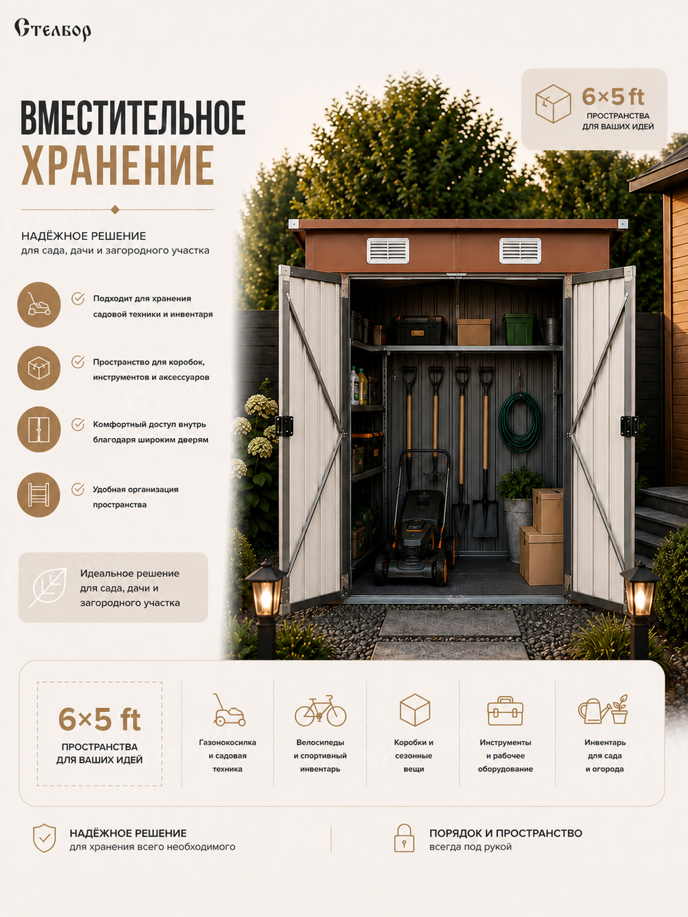 Металлический сарай 6×5 с односкатной крышей, 185×148×187 см