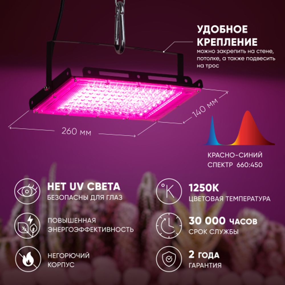 Фитопрожектор для растений светодиодный ЭРА FITO-80W-RB-LED-Y красно-синего спектра