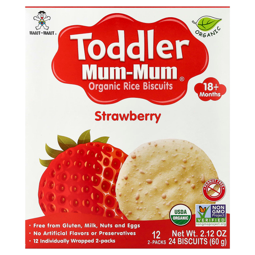 Hot Kid, Toddler Mum-Mum®, органическое рисовое печенье, для детей от 18 месяцев, клубничный вкус, 12 пакетиков по 2 печенья