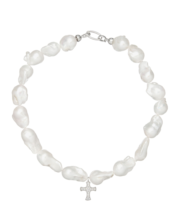 Колье крупный барочный неровный жемчуг, крест в камнях