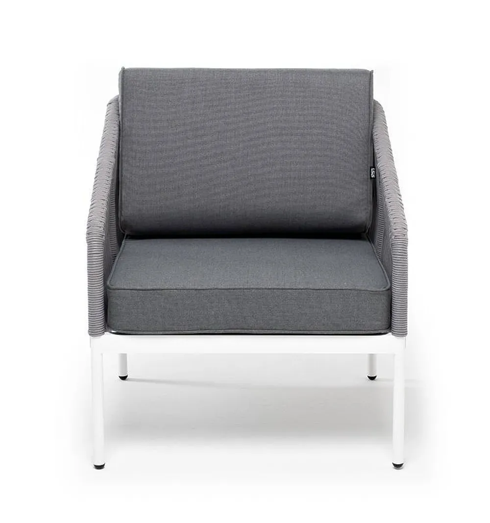 "Канны" кресло плетеное из роупа, каркас алюминий белый муар, роуп светло-серый круглый, ткань серая 017