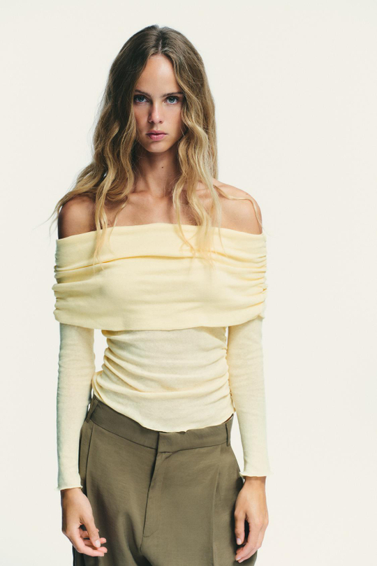 ZARA ФУТБОЛКА БЕЗ БРЕТЕЛЕЙ СО СБОРКАМИ, СВЕТЛО-ЖЕЛТЫЙ