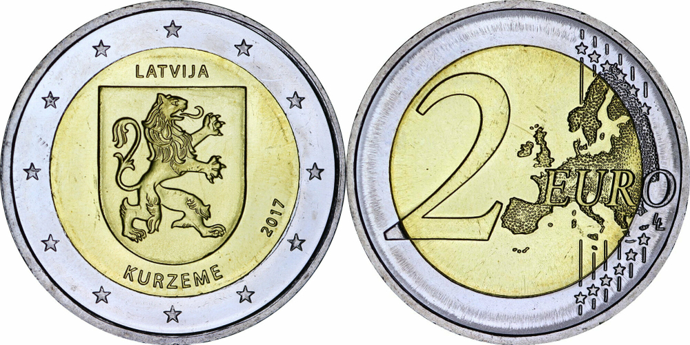 Латвия 2 евро, 2017 Исторические области Латвии - Курземе UNC