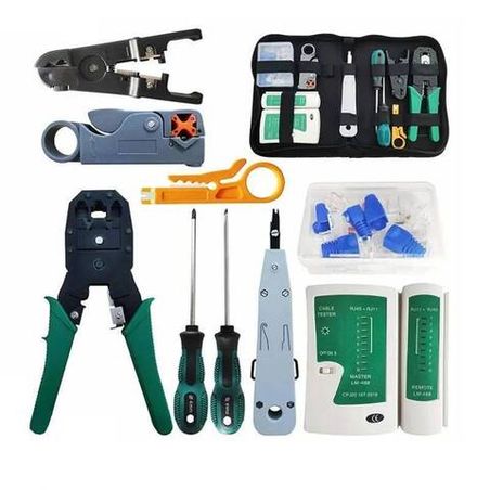 Набор инструментов сетевика 12 предметов: LAN тестер, стриппер, кремпер