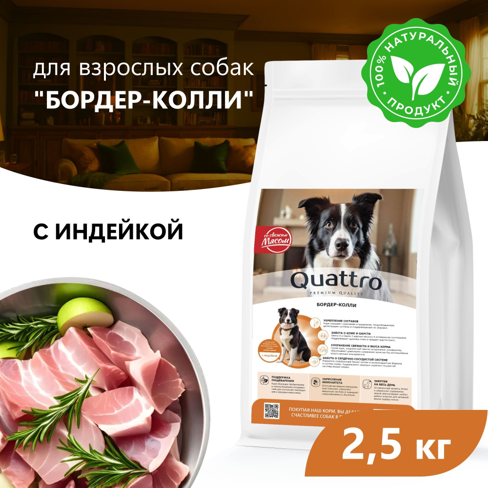 Корм сухой для взрослых собак породы Бордер-колли, премиум полнорационный комплекс, с индейкой, 2,5 кг, QUATTRO