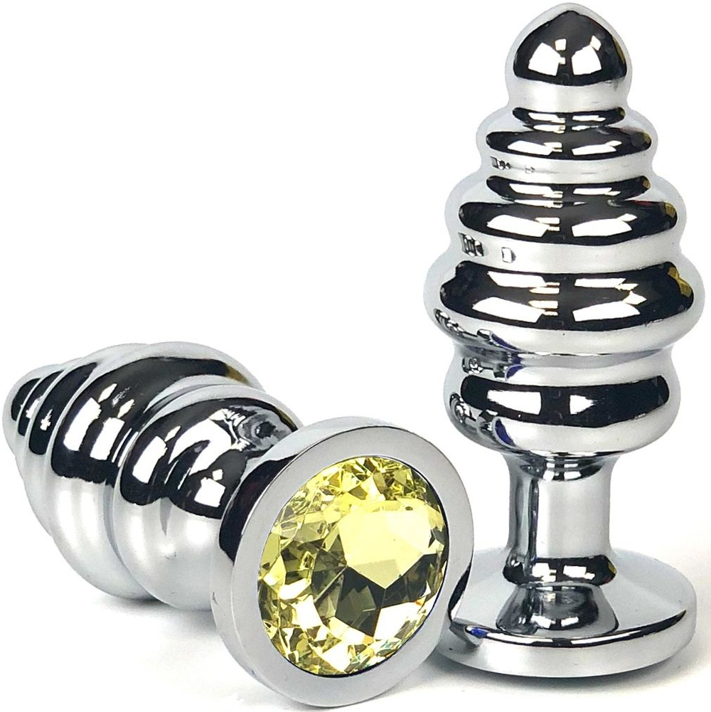 Серебристая ребристая анальная пробка с желтым кристаллом - 8 см. (Цвет: желтый)