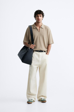 ZARA ПОЛО ИЗ РЕЛЬЕФНОЙ ТКАНИ, РЫЖЕВАТО-КОРИЧНЕВЫЙ