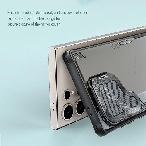 Чехол прозрачный тонированный (Dark night black) от Nillkin с металлической откидной крышкой для камеры на Samsung Galaxy S24 Ultra, серия Iceblade Prop Case