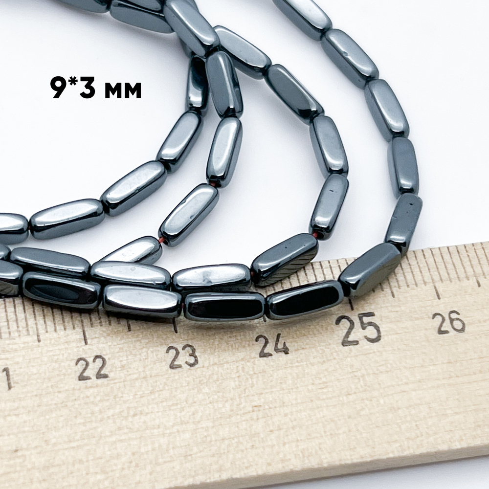 Гематит Брусок бусины (имитация), цвет черный, размер около 9*3 мм, цена за 21-22 шт (1/2 нити)