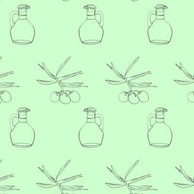 Оливковая веточка и кувшин для оливкового масла. Паттерн в итальянском или греческом стиле на кулинарную тему