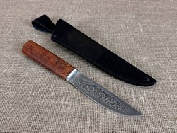 Шкуросъемный нож "Якут" с кованым долом, дамасская сталь, рукоять мореная карельская береза