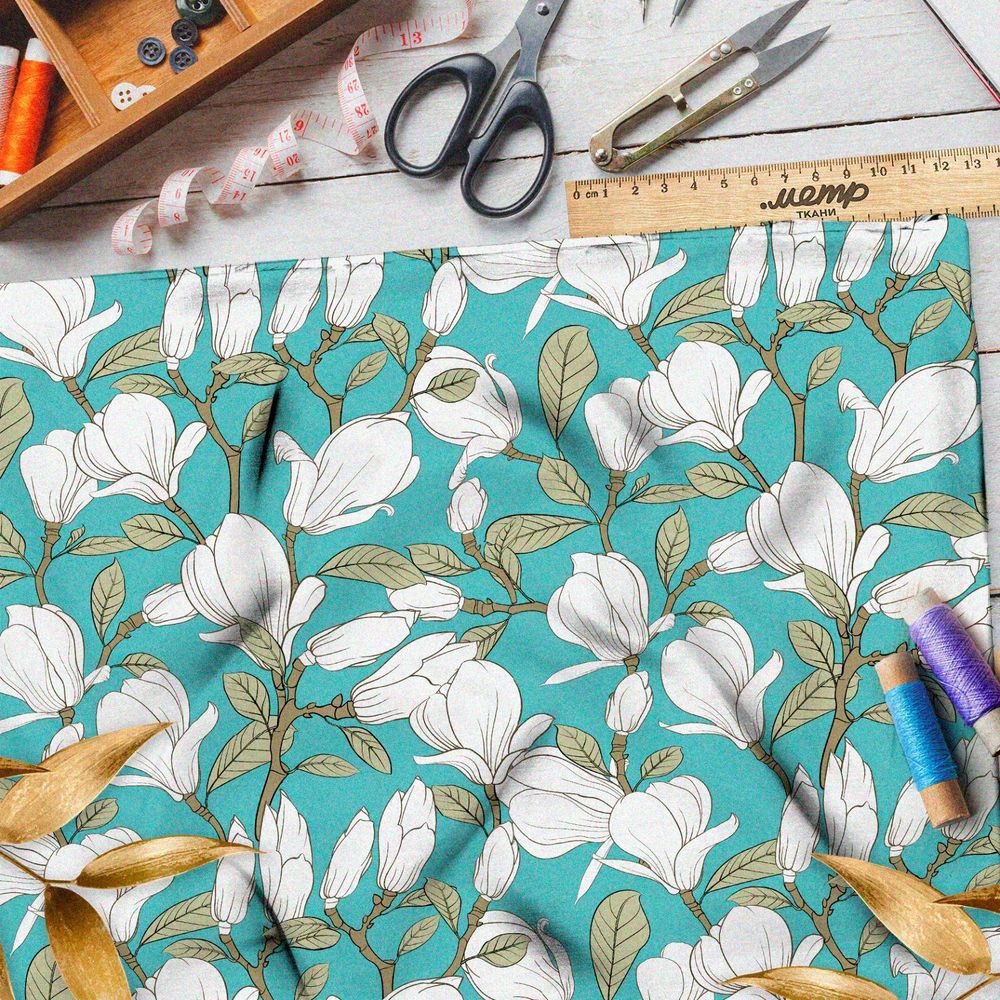 Ткань оксфорд 210 белые бутоны на бирюзовом фоне