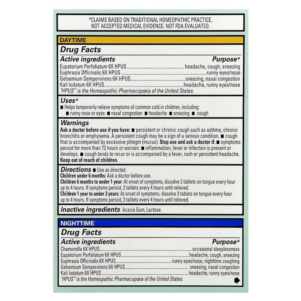 Hyland's Naturals, Для детей, комбинированная упаковка в крошечных таблетках от простуды, дневное / ночное время, для детей от 6 месяцев, 2 флакона, по 125 быстрорастворимых таблеток