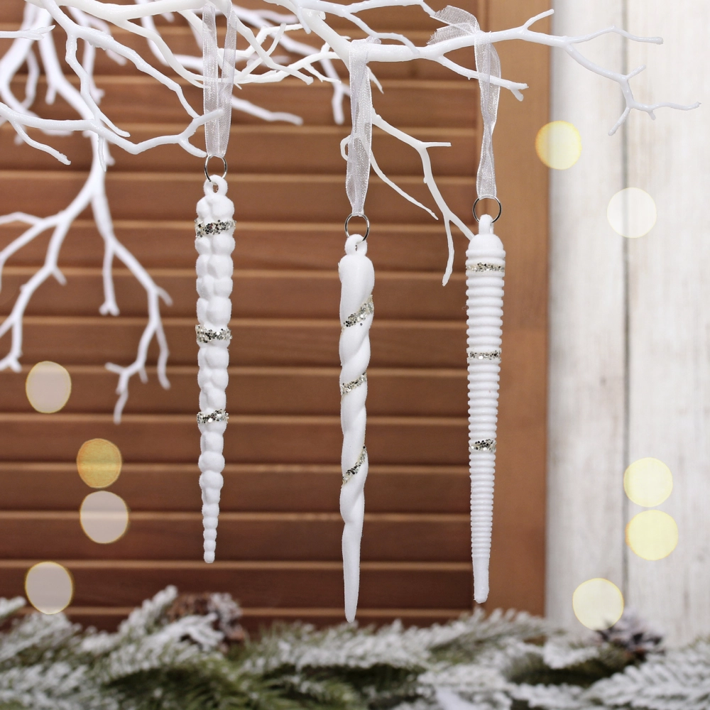 Подвеска «Снежная сосулька» 15 см (набор 3 шт), Белый/серебро