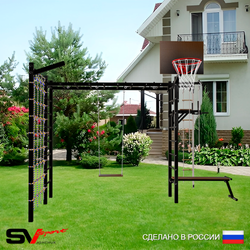 Уличная шведская стенка Sv Sport рукоход с комплектом турник прямой У5345К (Турник/Брусья/Скамья/Деревянные/Щит баскет/Кронш бокс/Канат/кольца/лестница/Сетка)