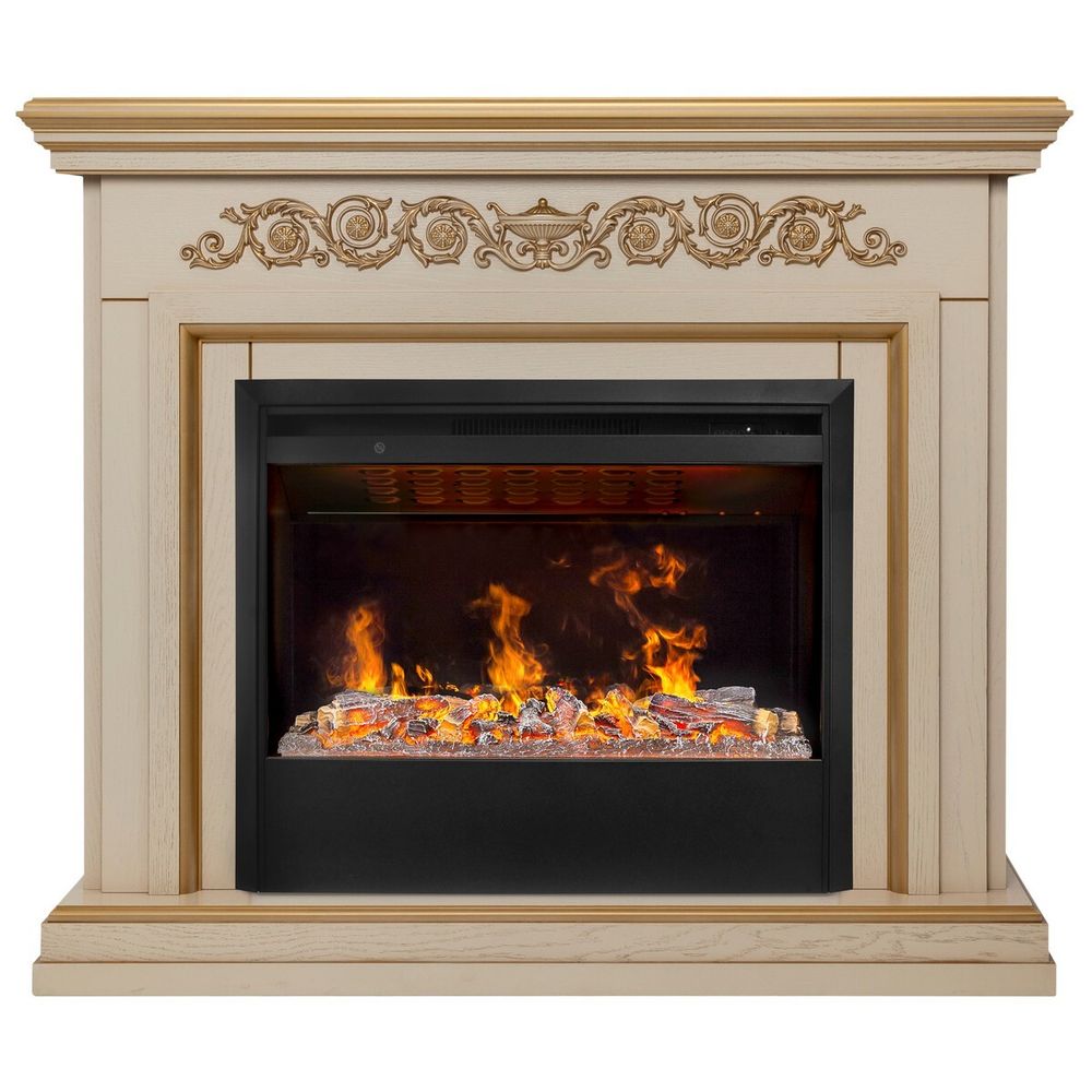 Электрокамин RealFlame Leticia 26 WT белый дуб с золотой патиной с очагом 3D Helios 26 SBG