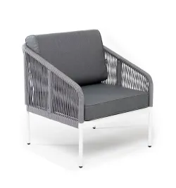 "Канны" кресло плетеное из роупа, каркас алюминий белый муар, роуп светло-серый круглый, ткань серая 017