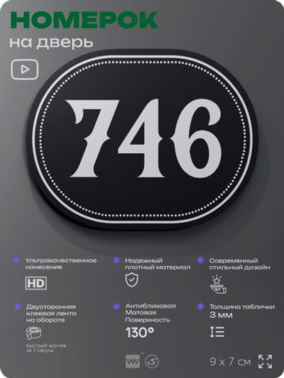 Номерок на дверь квартиры 746, для кабинета, офиса, шильдик 9 х 7 см, черный, Айдентика Технолоджи