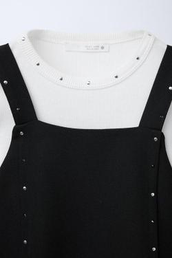 ZARA САРАФАН С ЗАКЛЕПКАМИ И КОНТРАСТНЫМ ТОПОМ В РУБЧИК, ЧЕРНЫЙ