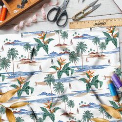 Ткань атлас маленькие тонкие пальмы и острова