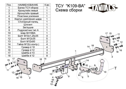 Фаркоп(прицепное) Tavials для KIA CERATO (TD) (седан) 2009-2012 кроме GT-Line и 2,0 (С БЫСТРОСЪЕМНЫМ ШАРОМ)(паспорт и сертификат в комплекте)(без электрики)T-K109-BA