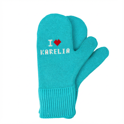 Бирюзовые вязаные варежки "I love Karelia"