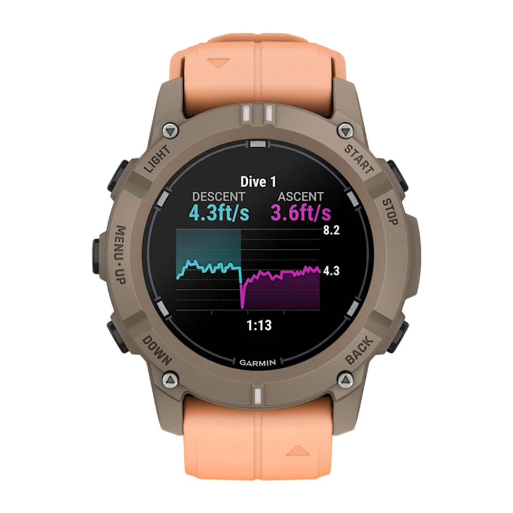 Спортивные часы Garmin Descent G2, силиконовый ремешок цвета «морская ракушка» Безель цвета «палома», AMOLED-дисплей с сапфировым стеклом. Ремешок с классической застёжкой — на запястье обхватом 128–224 мм