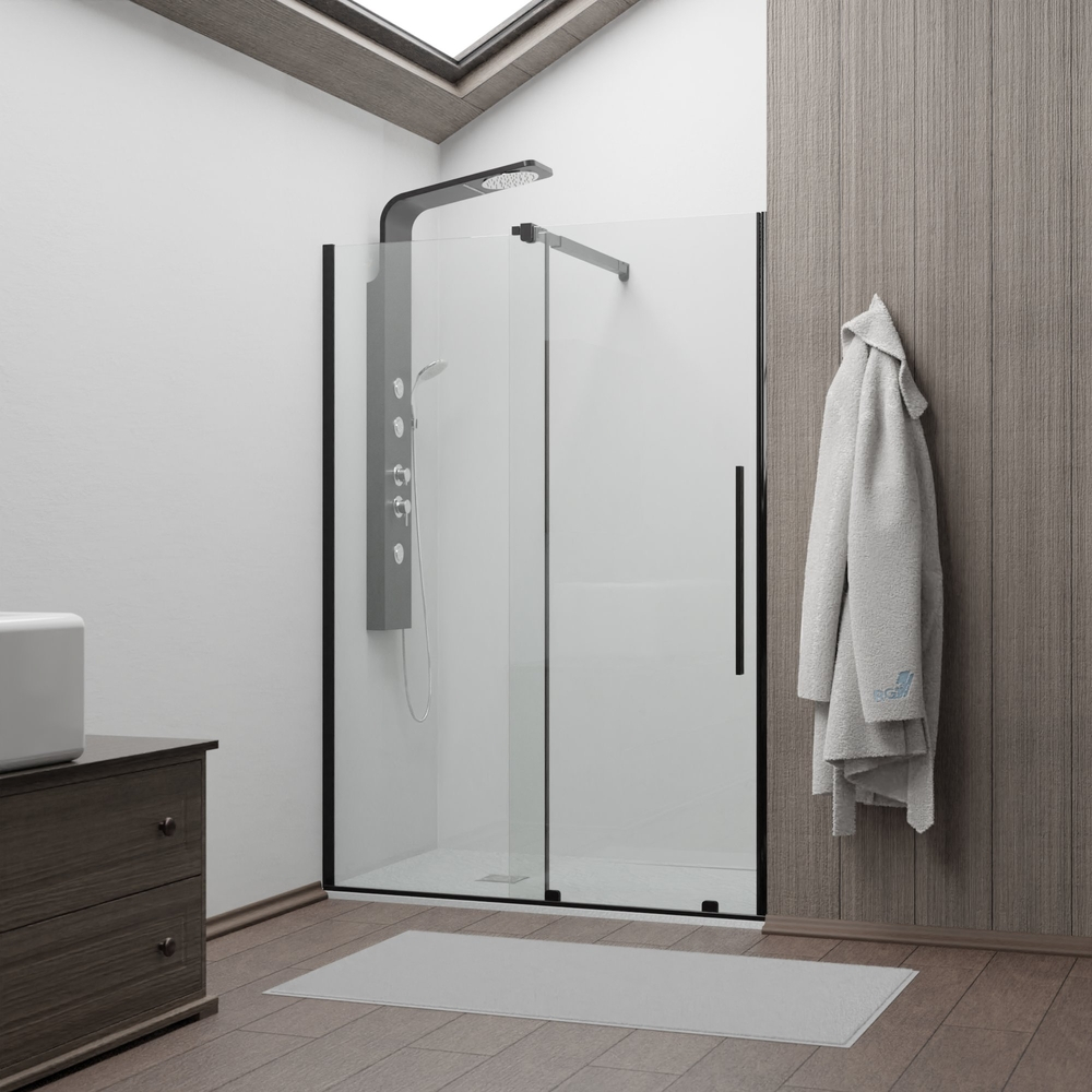 Душевая откатная дверь-купе в нишу TO-18B черная, стекло прозрачное, ход нижние колеса (Прозрачное, 1400)