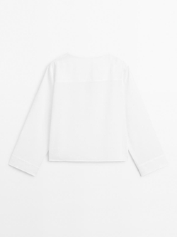 Massimo Dutti Блуза из струящейся льняной ткани с V-образным вырезом, белый