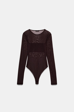 ZARA БОДИ ИЗ ПОЛУПРОЗРАЧНОЙ ТКАНИ, ТЕМНО-КОРИЧНЕВЫЙ