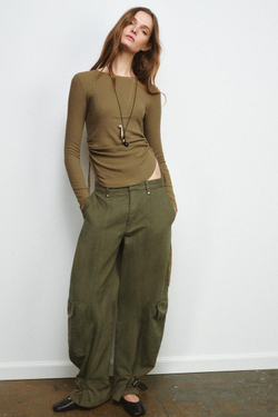 ZARA ФУТБОЛКА В СТИЛЕ РУСТИК СО ШНУРОВКОЙ, ТАБАЧНО-КОРИЧНЕВЫЙ