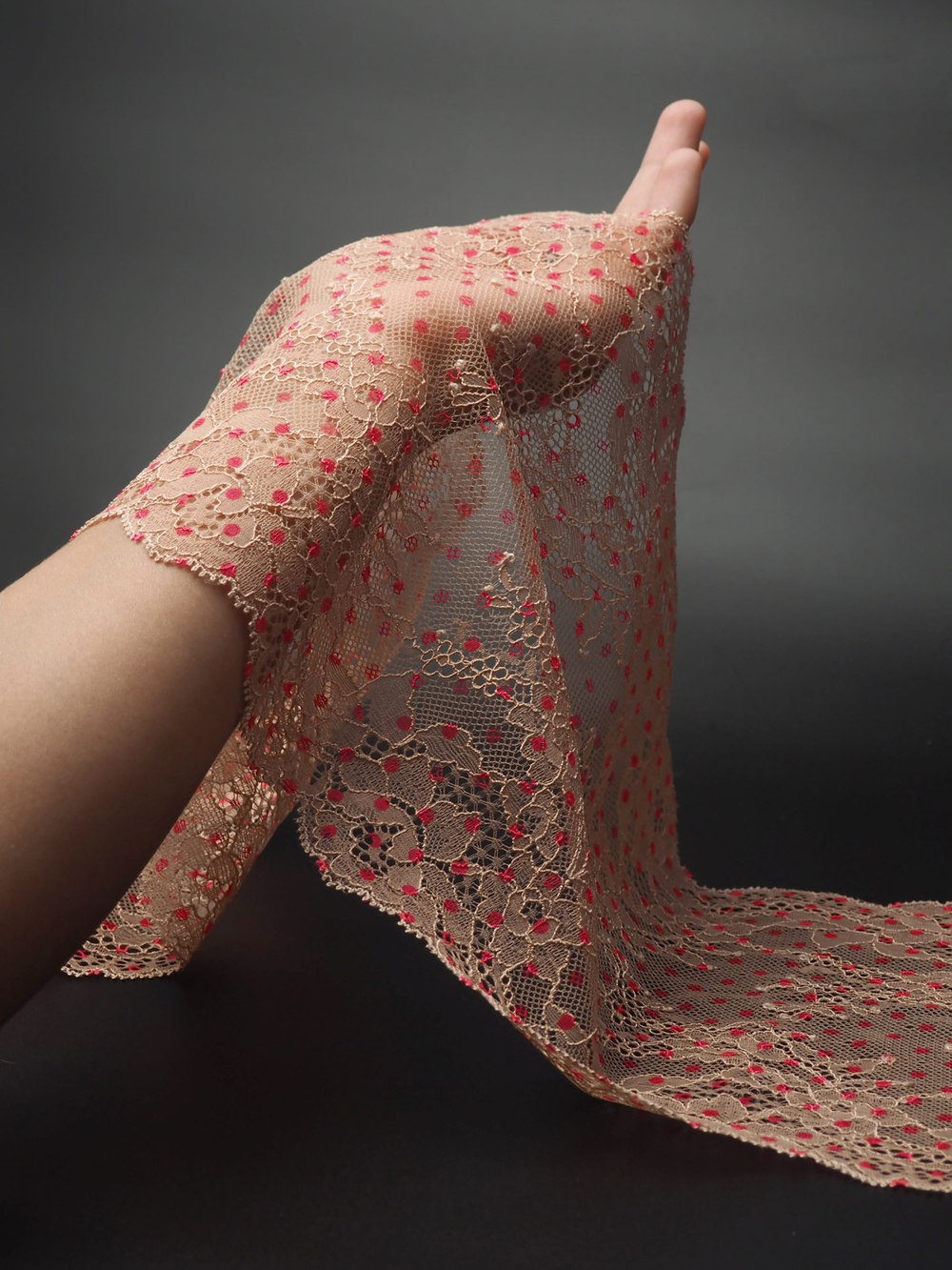 Эластичное кружево пудрово-бежевое в красный горошек ширина 18 см