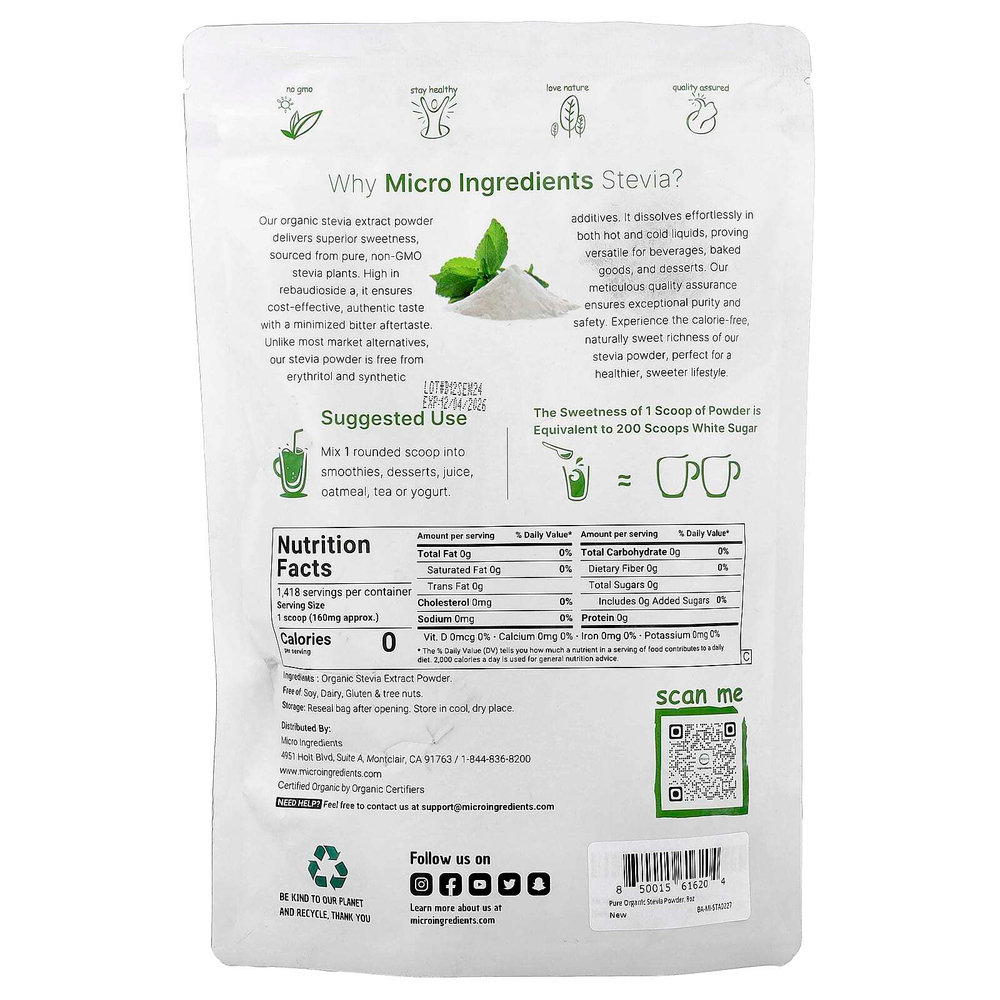 Micro Ingredients, Органический экстракт стевии, порошок, 227 г (8 унций)