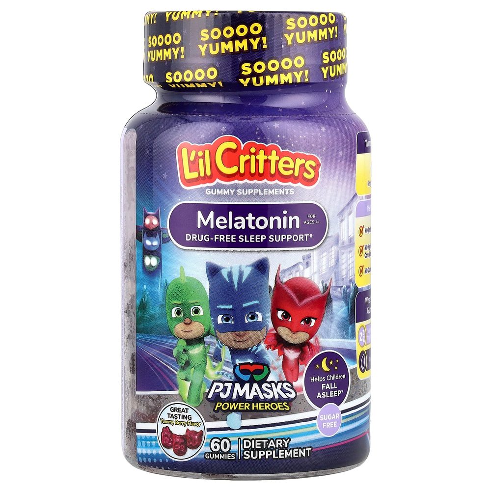 L'il Critters, PJ Masks Power Heroes, жевательные мармеладки с мелатонином, для детей от 4 лет, вкусные ягоды, 60 жевательных мармеладок (0,5 мг в 1 жевательной мармеладке)