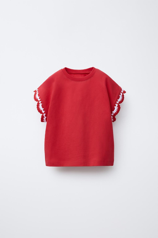 ZARA ФУТБОЛКА С РУКАВАМИ ИЗ КРУЖЕВА КРОШЕ, КРАСНЫЙ