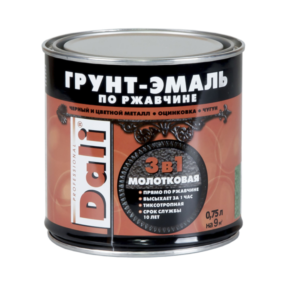 ГРУНТ- ЭМАЛЬ ПО РЖАВЧИНЕ "DALI"  3 В 1 СЕРЫЙ ГРАФИТ (RAL 7024) 0,75л "РОГНЕДА"