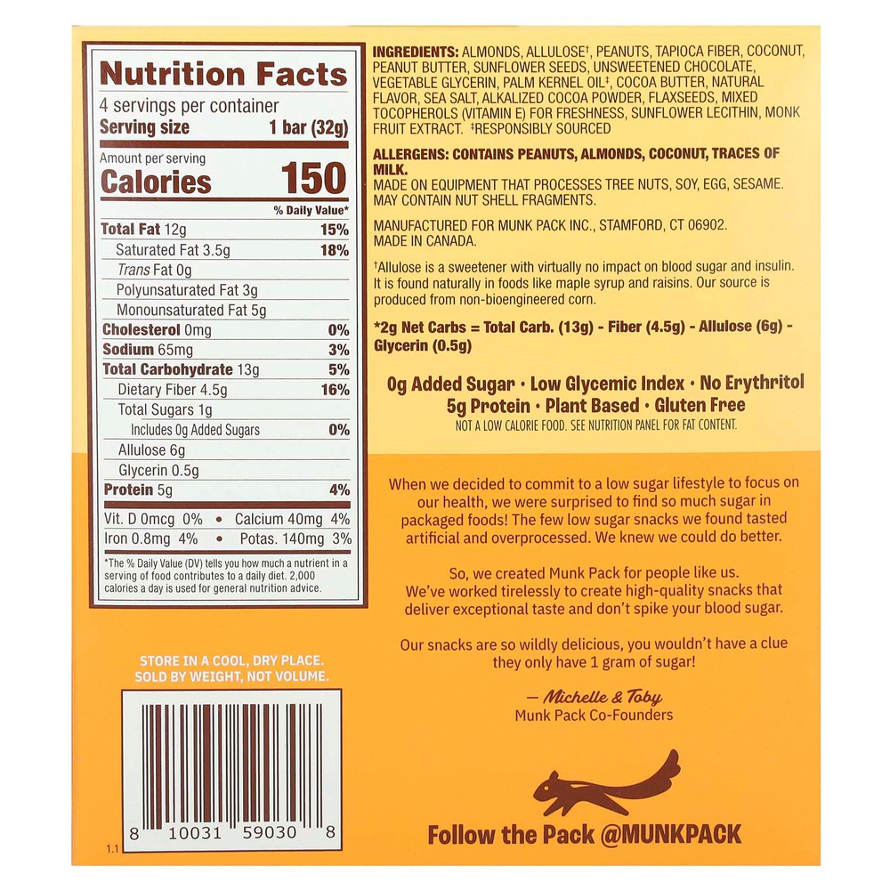 Munk Pack, Chewy Granola Bar, арахисовая паста с шоколадной крошкой, 4 батончика по 32 г (1,12 унции)