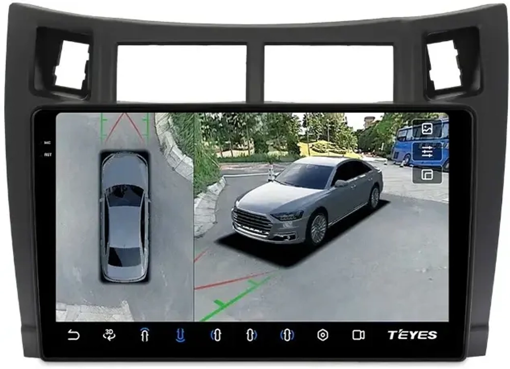 Магнитола для Toyota Vitz 2, Yaris 2 2005-2011 (рамка черная) - Teyes CC3-2K-360 на Android 10, 2K QLED, 6Гб+128Гб, CarPlay, 4G SIM-слот, 4 камеры в комплекте