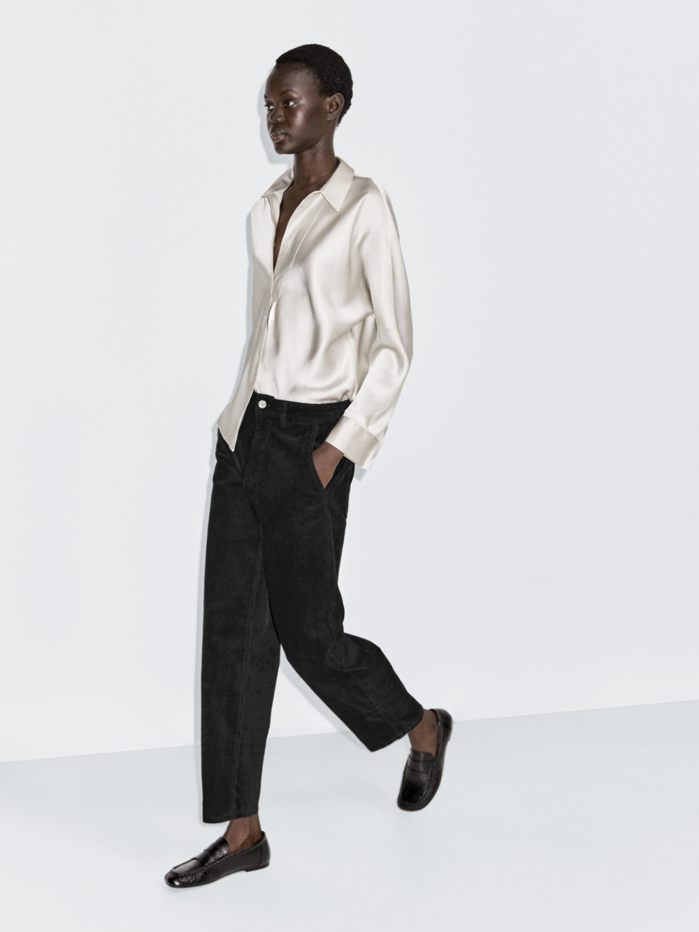 Massimo Dutti Вельветовые брюки с широкими штанинами, черный