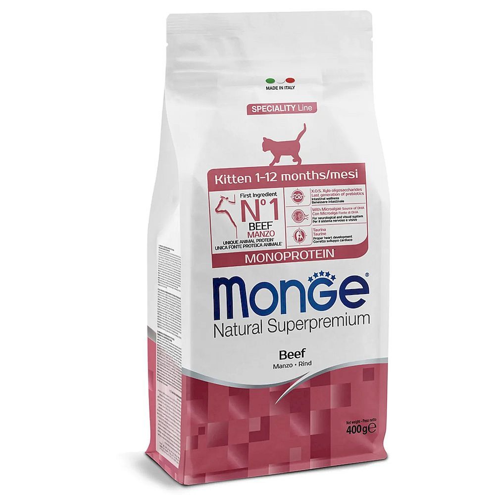 Сухой корм для котят Monge Cat Monoprotein с говядиной, Пакет 400 г Сухой корм для котят Monge Cat Monoprotein с говядиной, Пакет 400 г
