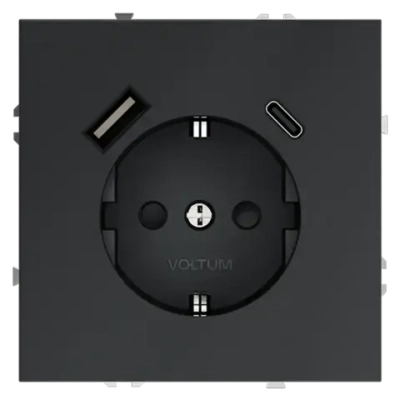 Розетка встраиваемая VOLTUM S70 с заземлением и защитными шторками, 16А, с USB, A+С, (графит)