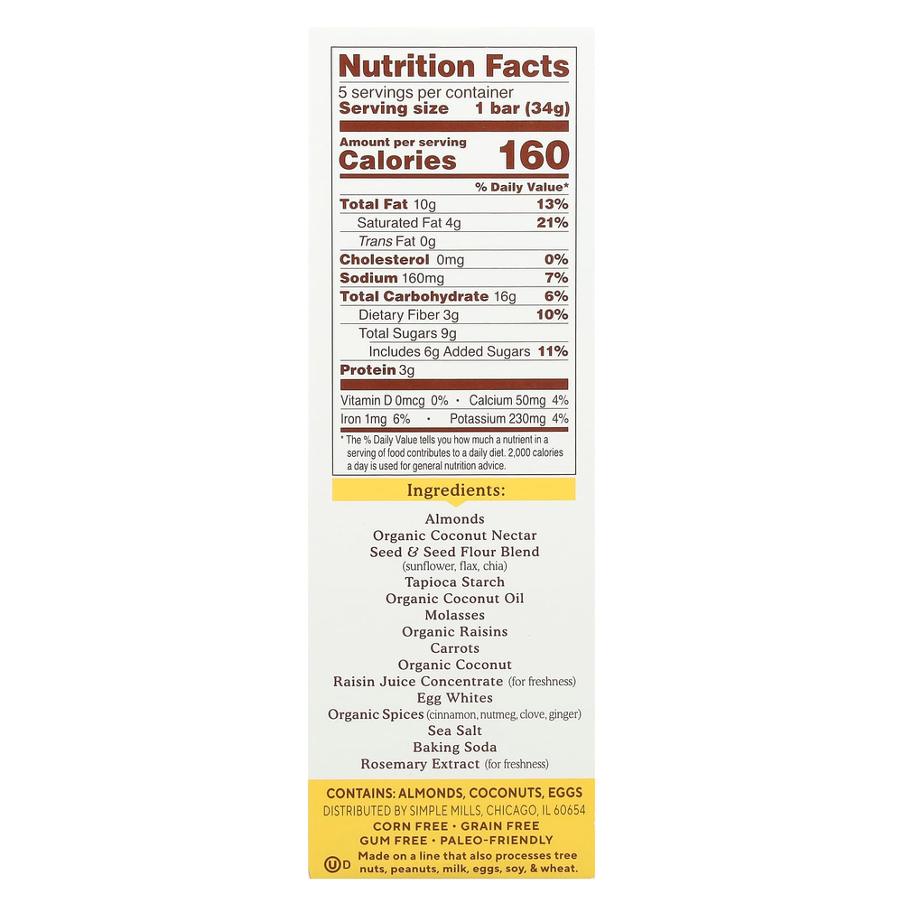 Simple Mills, Мягкие батончики из миндальной муки, пряный морковный пирог, 5 батончиков по 34 г (1,19 унции)