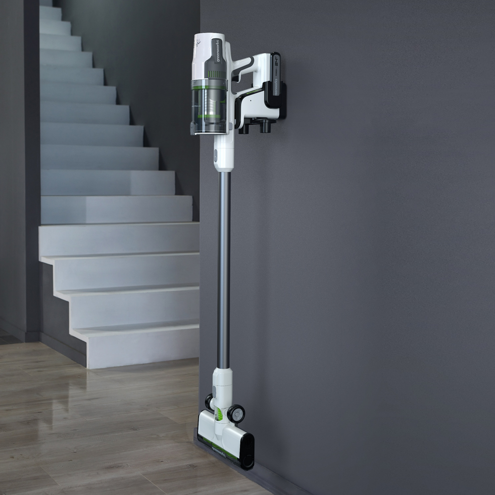 Пылесос вертикальный акк. Greenworks SV24360, 24V, б/щет, 250 Вт, 17 кПа, электрощетка, 2 насадки, LED, белый+серебро, 1х4Ач и ЗУ (4702107UB)