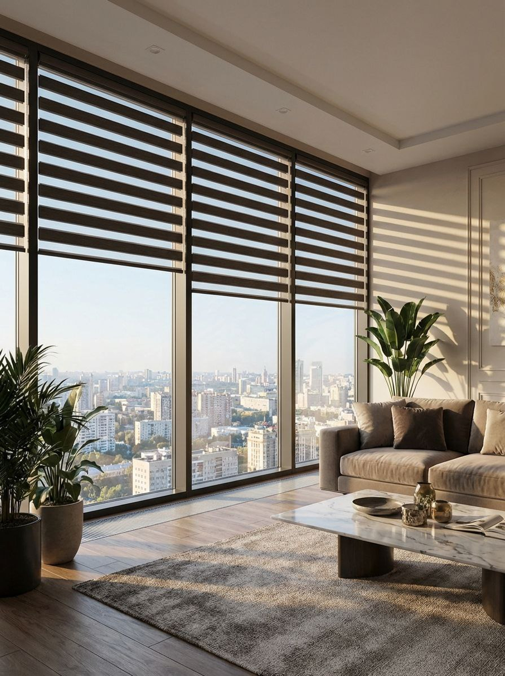 Рулонные шторы День-Ночь на панорамные окна, ткань коричневый blackout