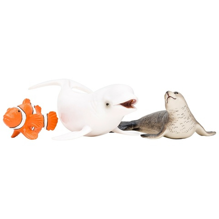 Фигурки игрушки серии "Мир морских животных": Белуха, рыба-клоун, тюлень