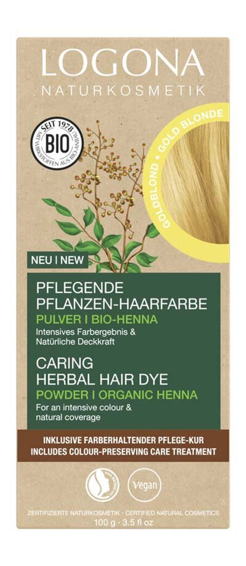 Порошковая краска для волос Logona, золотистый блонд, 100 гр