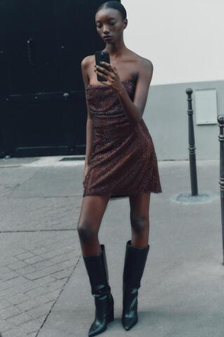 ZARA ПЛАТЬЕ БЕЗ БРЕТЕЛЕК С БЛЕСКОМ, БАКЛАЖАННЫЙ