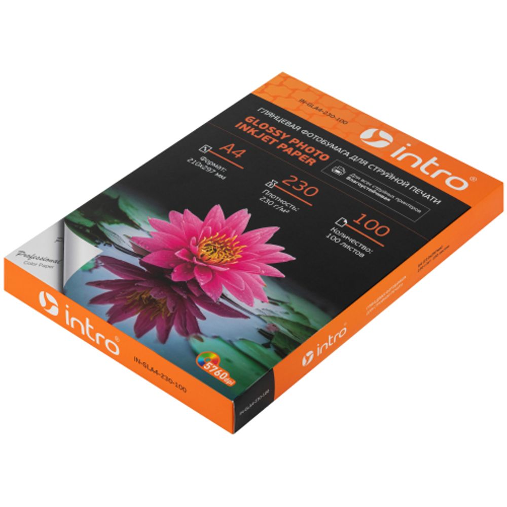 Фотобумага Intro GLA4-230-100 глянцевая 230g/м2 А4 100 листов для струйной печати | Intro