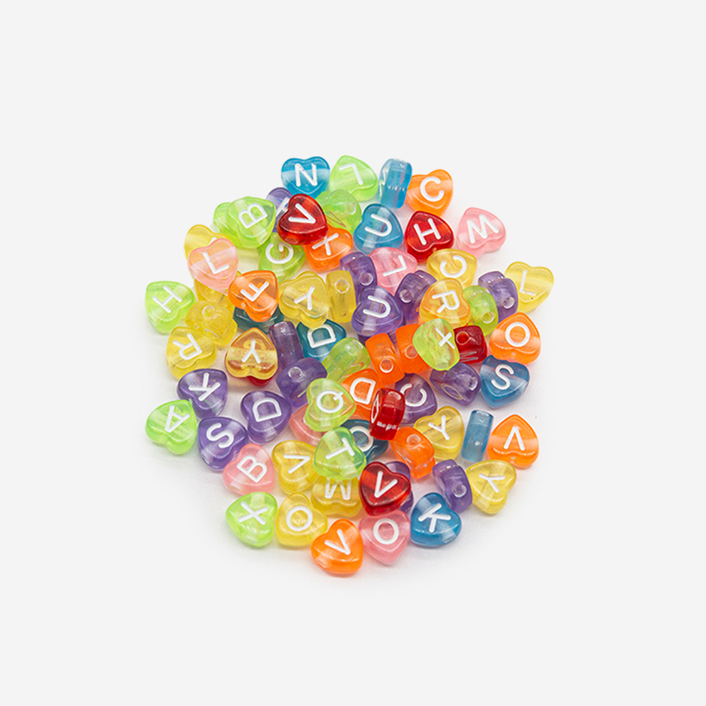 Бусины-сердечки с буквами "Английский алфавит", 6,7мм, микс цветов, акрил
