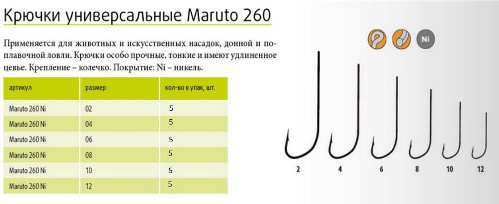 Крючки рыболовные (универсальные) 260 Ni №12 (уп. по 10шт)